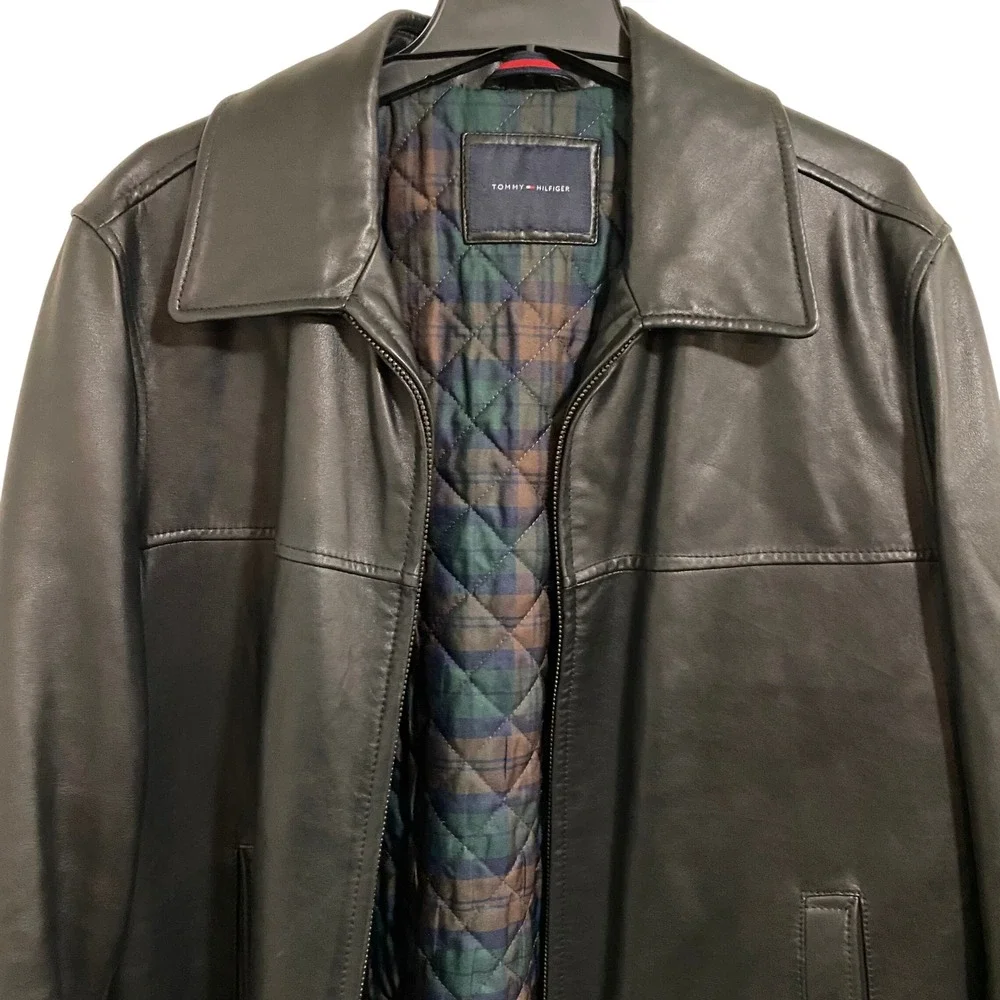 Tommy Hilfiger Leather Jacket Mens XL Black Bomber Preppy Quilted Plaid Lined